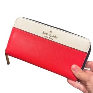 Kate Spade Vibrant Red and White Wallet clutch zip around designer card purse